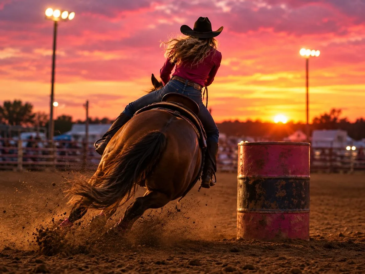 A barrel racer rounding a barrel in a rodeo arena at sunset